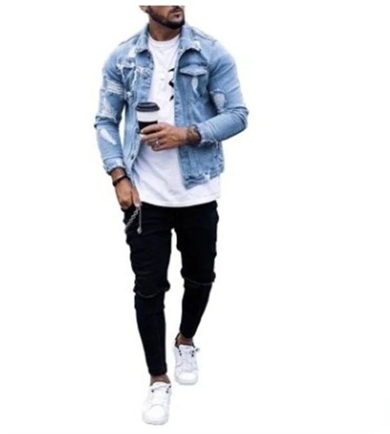 Fashion Men Jackets Spring Autumn New Lapel Men's Denim Jacket Holes Irregular Washing Jacket Men Long Sleeve Cardigan Tops