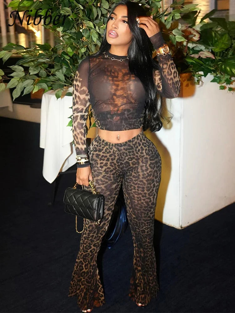 Nibber Sexy 2 Piece Set Women See Through Midnight Party Full Sleeve Crop Tops+Pants Matching Clubwear Skinny Autumn Outfits