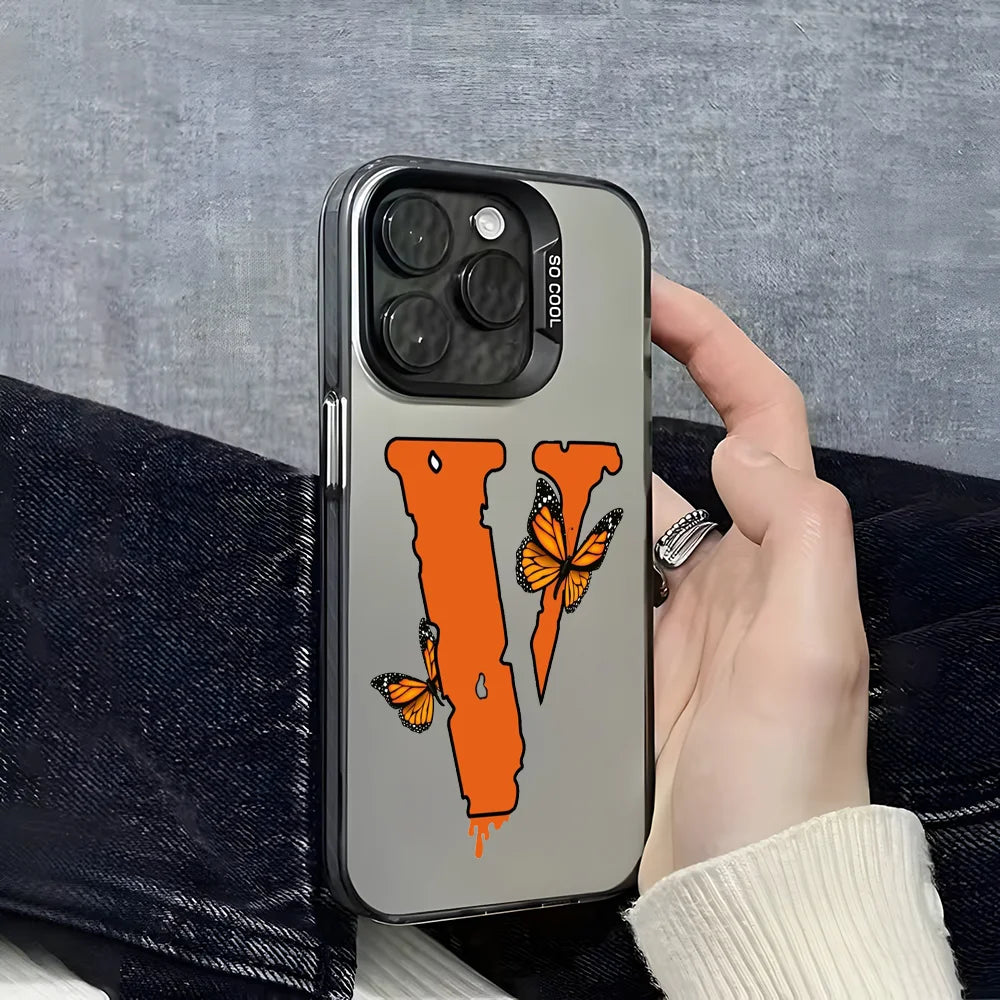 Luxury V-Vlone V Letter Phone Case For iPhone 16 15 14 13 12 11 Pro Max Grey Black Matte Laser Metallic Aurora Funda