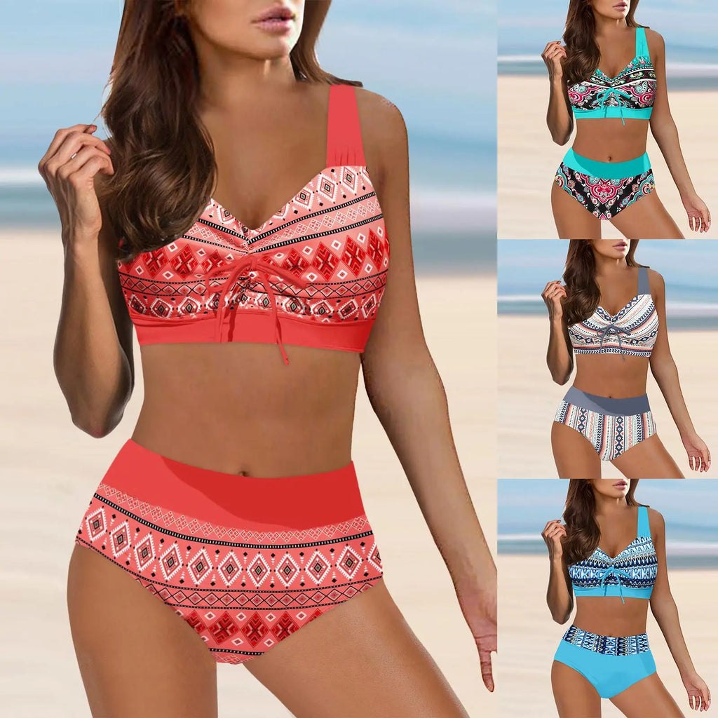 Womens Swimsuits Big Breast Elastic High Waisted Bikinis Sexy Push Up Two Pieces Bathing Suit Ladies Vintage Printed Biquinis