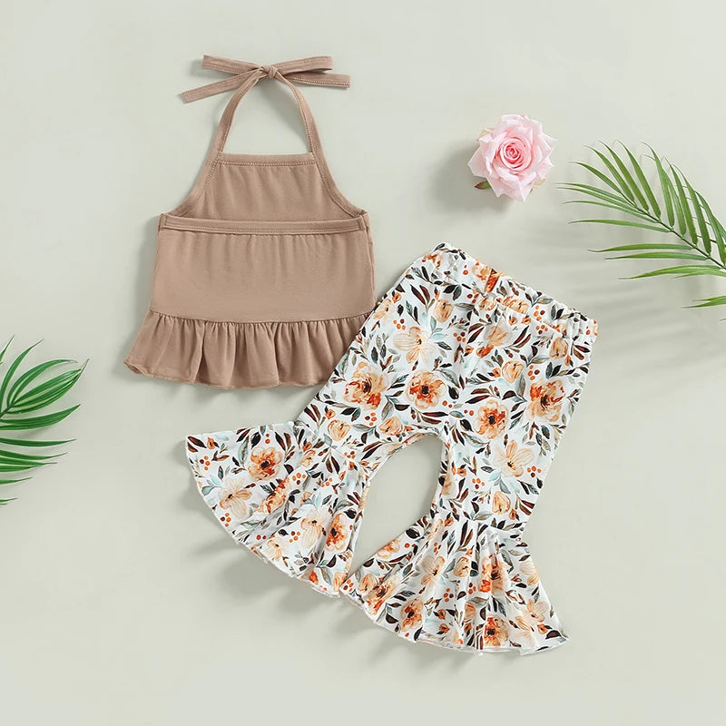 2023-02-16 Lioraitiin 0-24M Newborn Baby Girls 2Pcs Summer Clothing Set Lacing Halterneck Vest with Flower Print Flare Pants
