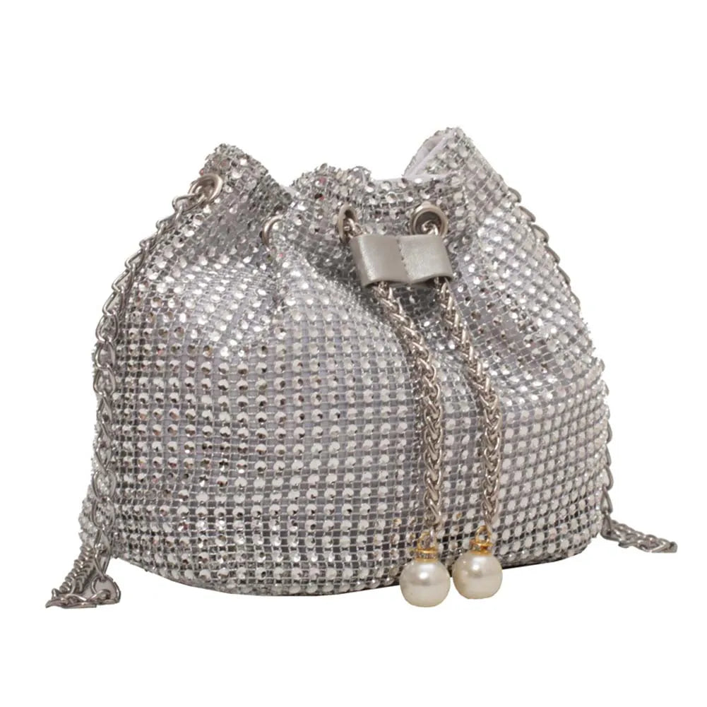 Women Rhinestone Shoulder Bag Summer Shiny Diamonds Chain Crossbody Messenger Bag Fashion Female Pearl Bucket Handbags Purse