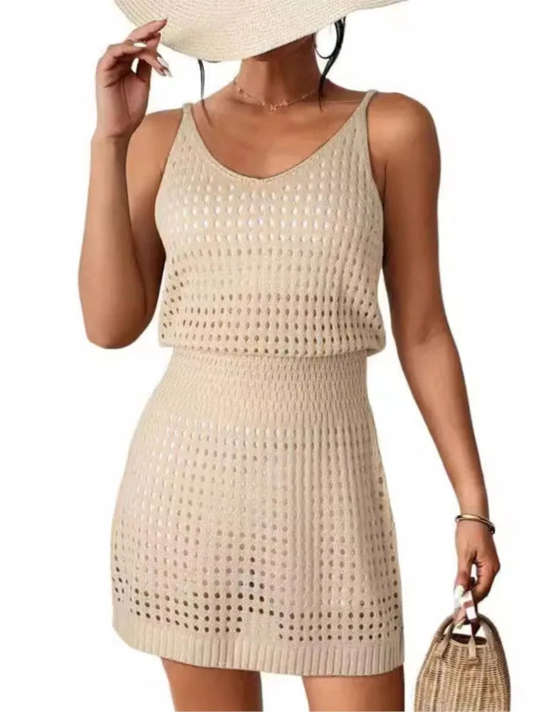 Summer Hollow Out Knitting Mini Spaghetti Strap Dresses Women Sexy V-neck Backless Vacation Beach Dress Casual Beachwear Vestido
