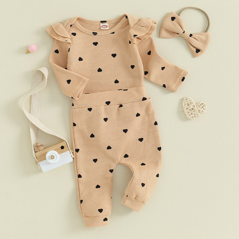 2023-09-12 Lioraitiin Infant Baby Girl Clothes Set Waffle Knit Heart Long Sleeve Romper Pants Headband Suit Outfits Fall Clothes