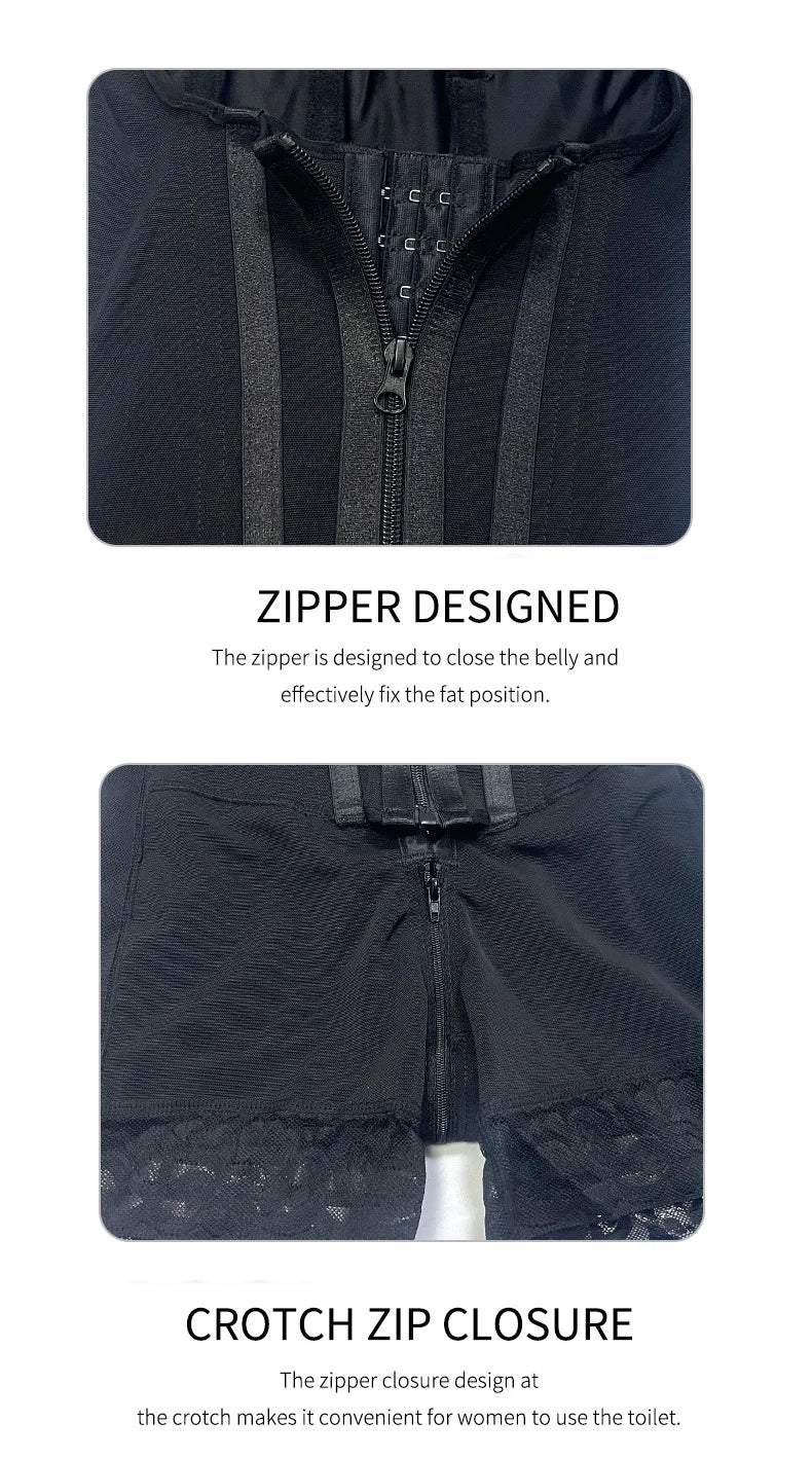 Body Shaper Shapewear Women Bodysuit Colombian Fajas 9-bone High Compression Girdle Double Tummy Control,Open Crotch with Zipper