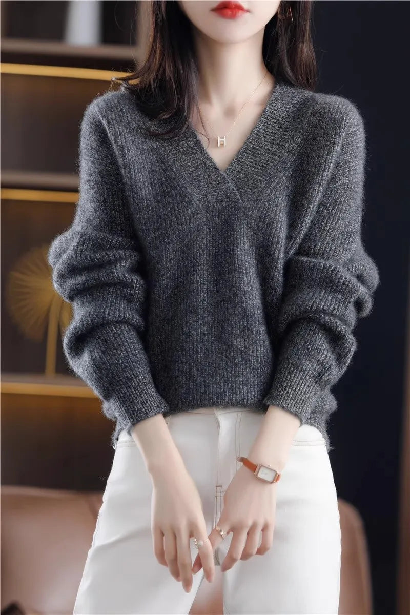 V-neck Basis Pullover Women's Solid Loose Knit Sweater Autumn Winter Jumpers Knitwear Soft Warm Chic Femme Sweater Casual Tops