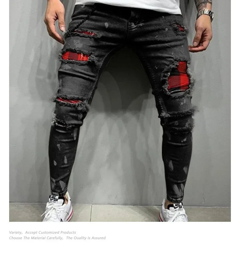 2025 Jeans Pencil Pants Holes Distressed Men Streetwear Denims Patchwork Mid Waist Slim Fit Washed Denim Ankle Length Trousers