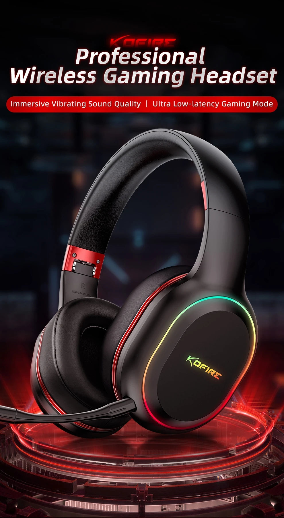 Kofire UG-05 Gaming Headphones 2.4G BT5.0 Wireless Headset With Mic RBG Light Vibration Bluetooth Earphone For PS4 PS5 PC Switch
