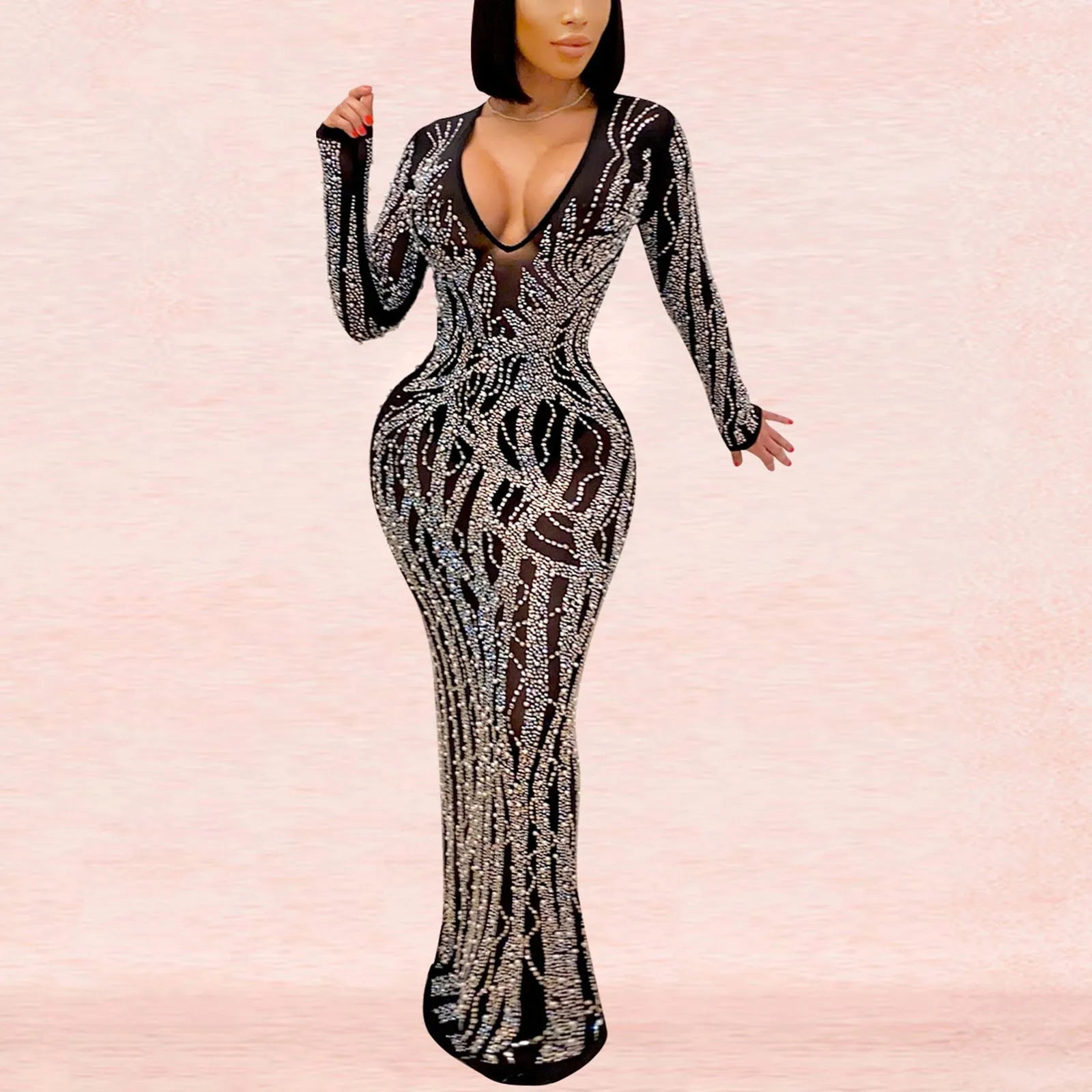 Beach Maxi Dress Slit Long High Women'S Rhinestone Mesh Neck V Sexy Sheer Dress Party Dress Sleeve Womens Coral Dress Casual