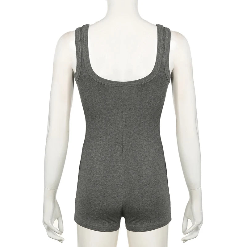 BIIKPIIK Solid Square Collar Women Rompers Casual Sleeveless Knit Playsuits Sporty Jogging Slim Fit Overalls Body-shaping Summer