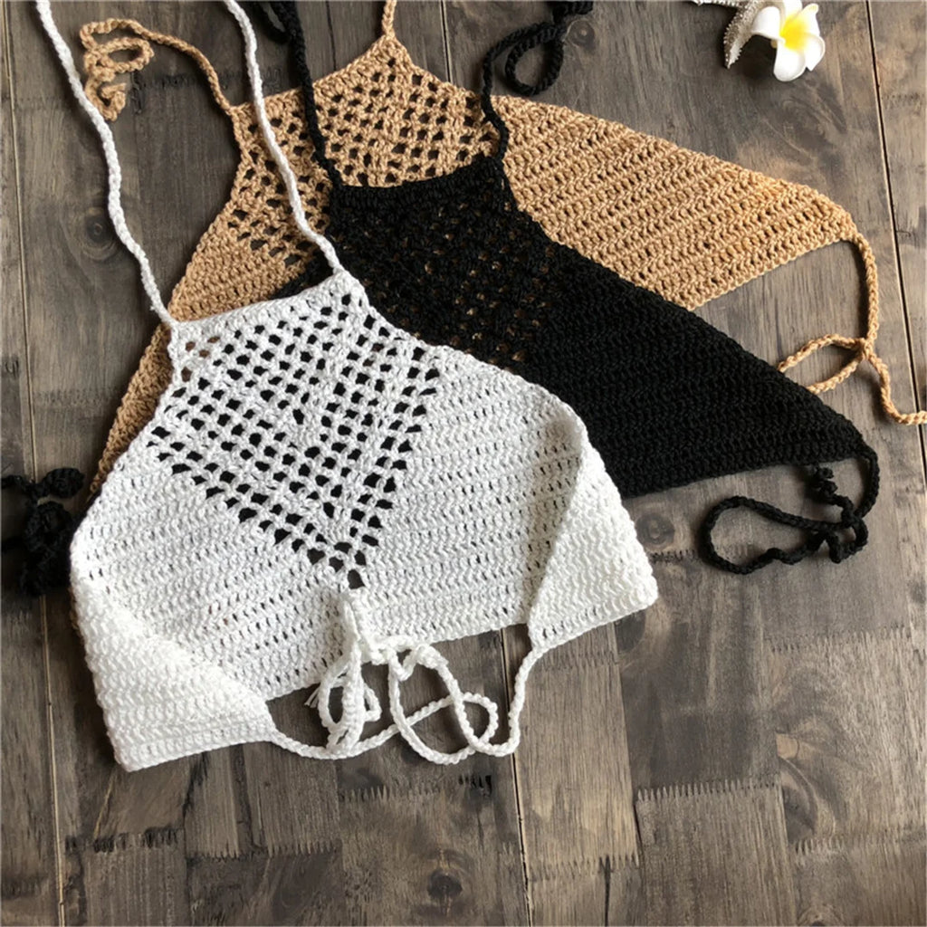 7 Colors Crochet Knitted Halter Bikini Top Female Swimsuit Women Swimwear Bather Bathing Suit Swim Hollow Out Beach Top V4192
