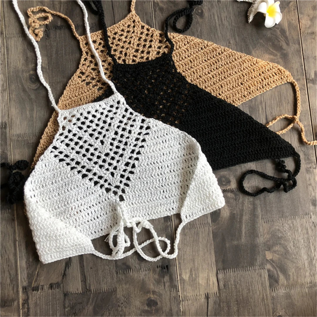 7 Colors Crochet Knitted Halter Bikini Top Female Swimsuit Women Swimwear Bather Bathing Suit Swim Hollow Out Beach Top V4192