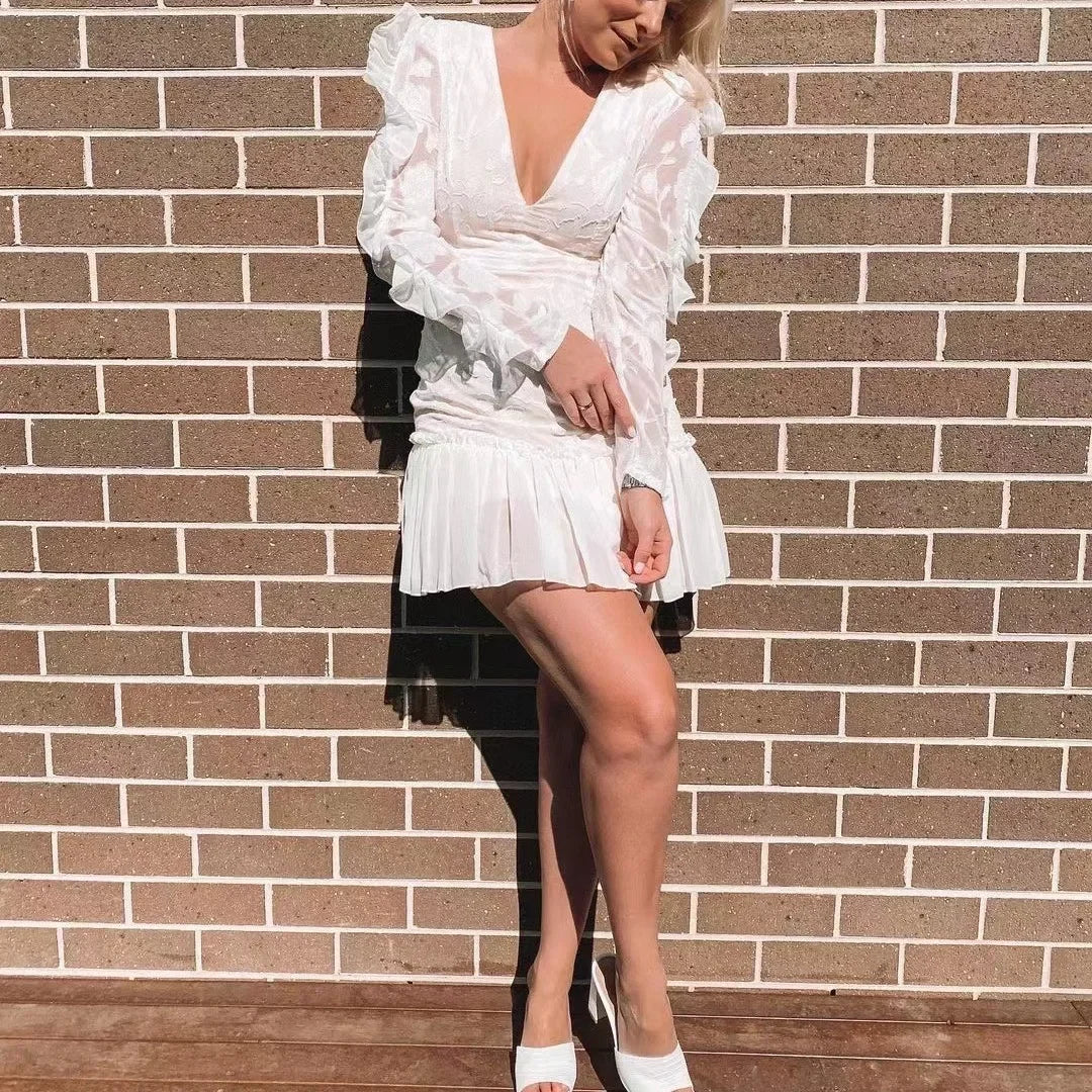 2026 New Slim Lace Dress Women Embroidery Package Hip Dress Sexy Deep V Mini Ruffle Sleeve Dresses women clothes