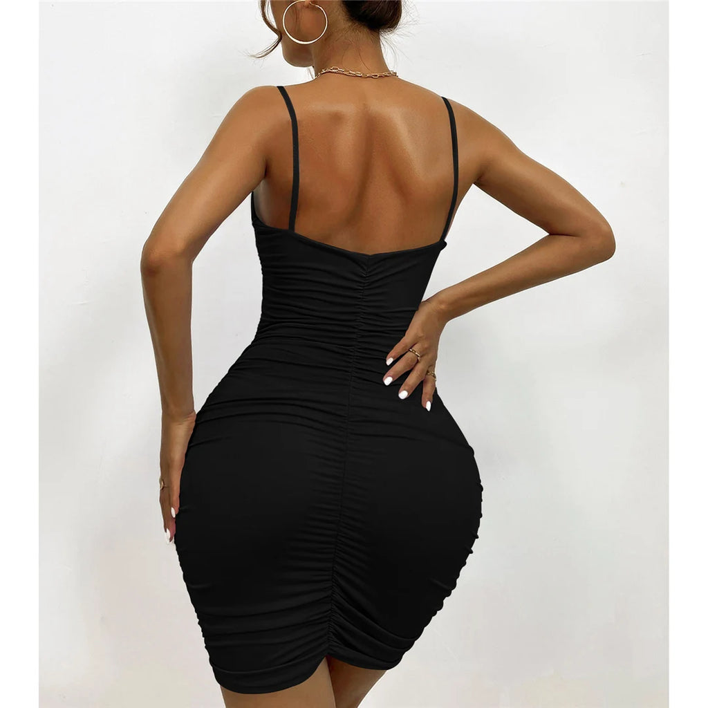 XS - L Sexy Ruched Pleated V Neck Sling Dress Short Club Lady Elegant Summer Bodycon Dress Evening Party Tight Mini Dress VD007