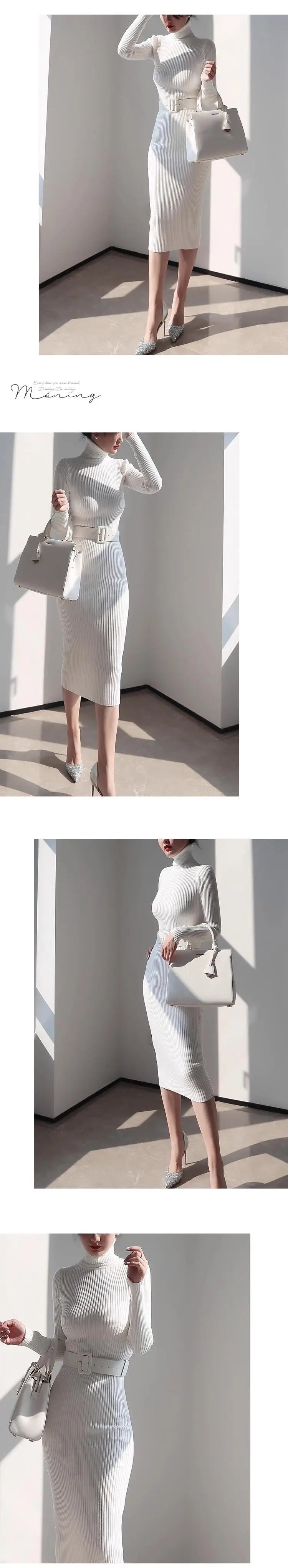 H Han Queen Knitted Turtleneck Sweater Bodycon Dress Bottoming Women Soft Elastic Autumn Winter Midi Party Dresses With Belt