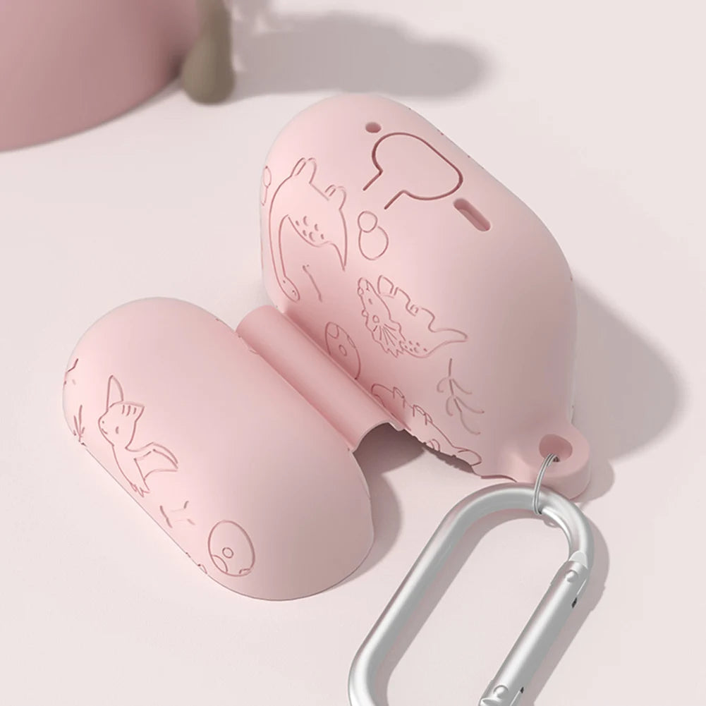 Silicone Case Protector with Carabiner Engraved Flower Dinosaur Case Soft Silicone Skin Protective Case for AirPods 4 Gen (2024)