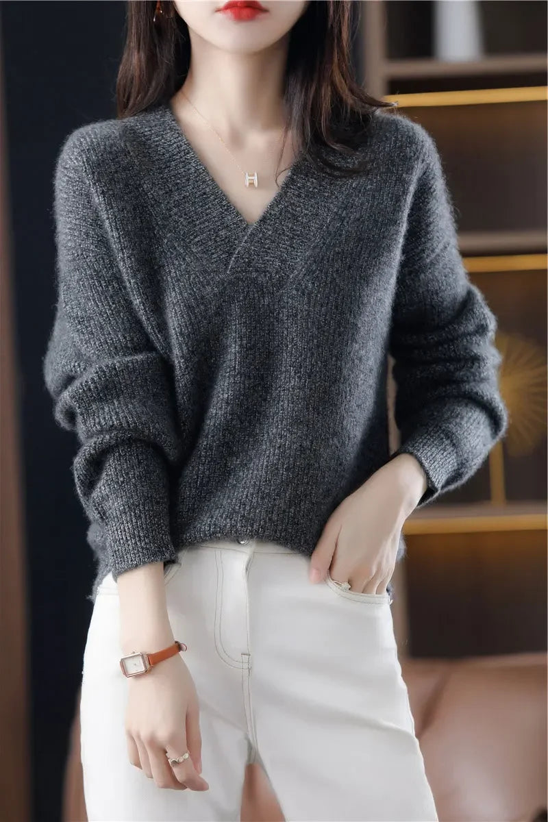 V-neck Basis Pullover Women's Solid Loose Knit Sweater Autumn Winter Jumpers Knitwear Soft Warm Chic Femme Sweater Casual Tops
