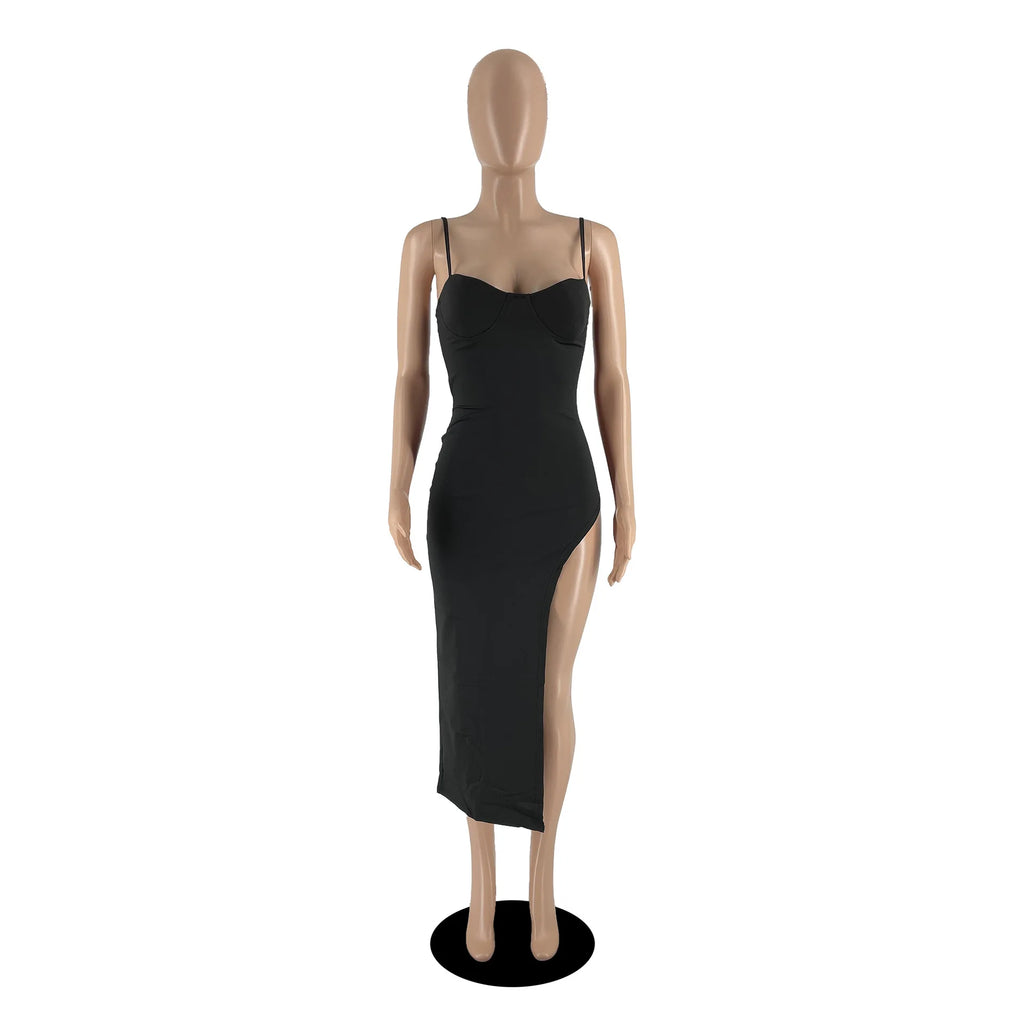 FAGADOER Sexy High Slit Bodycon Long Dress Women Solid Color Spaghetti Strap Backless Dresses Female Streetwear Vestidos 2025
