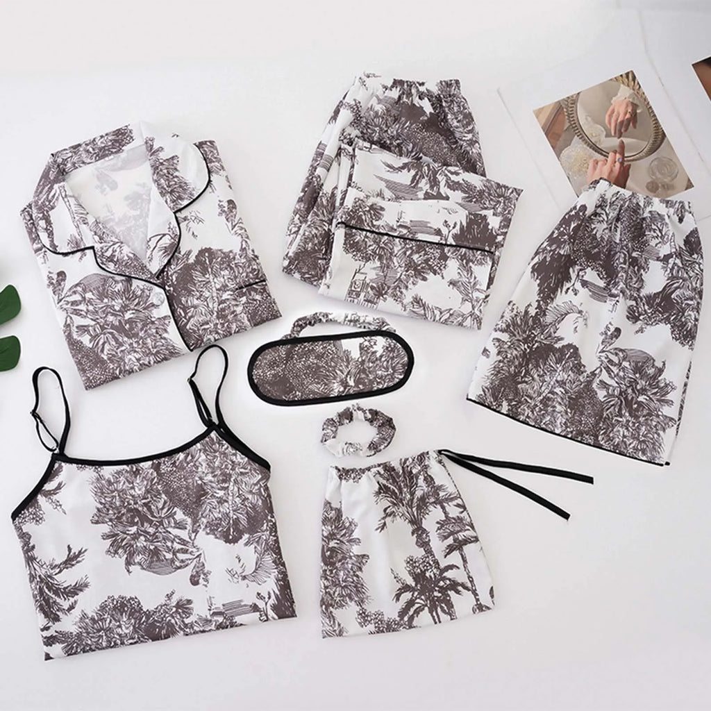 7pcs Women Pajamas Set Cotton Autumn Winter Homewear Suit Spring Summer Girls Sexy Pijama Tracksuit Elegant Female Loungewear