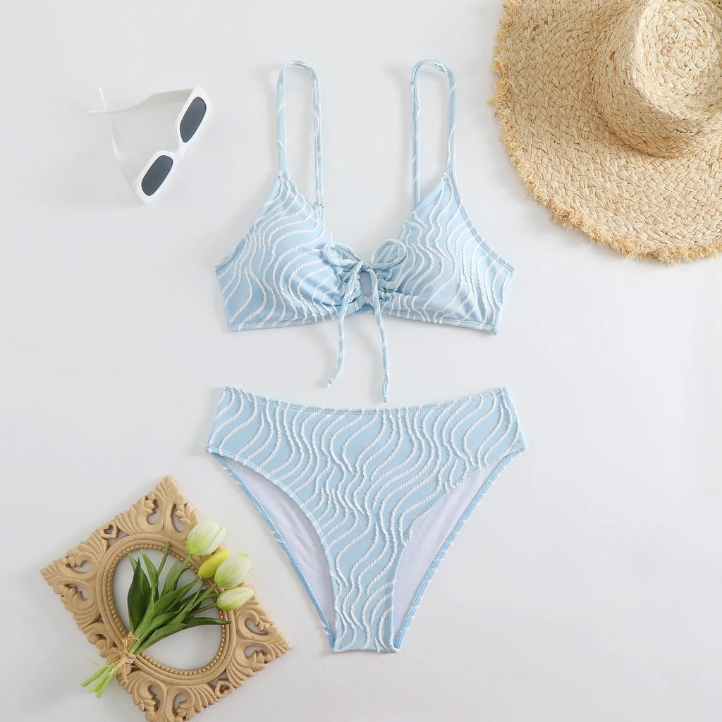 2025 New Women's Bikini Set Stripe Print 2 Pice Swimsuit Drawstring Lace-up V Neck Suspender Backless Beach Vacation Swimwear