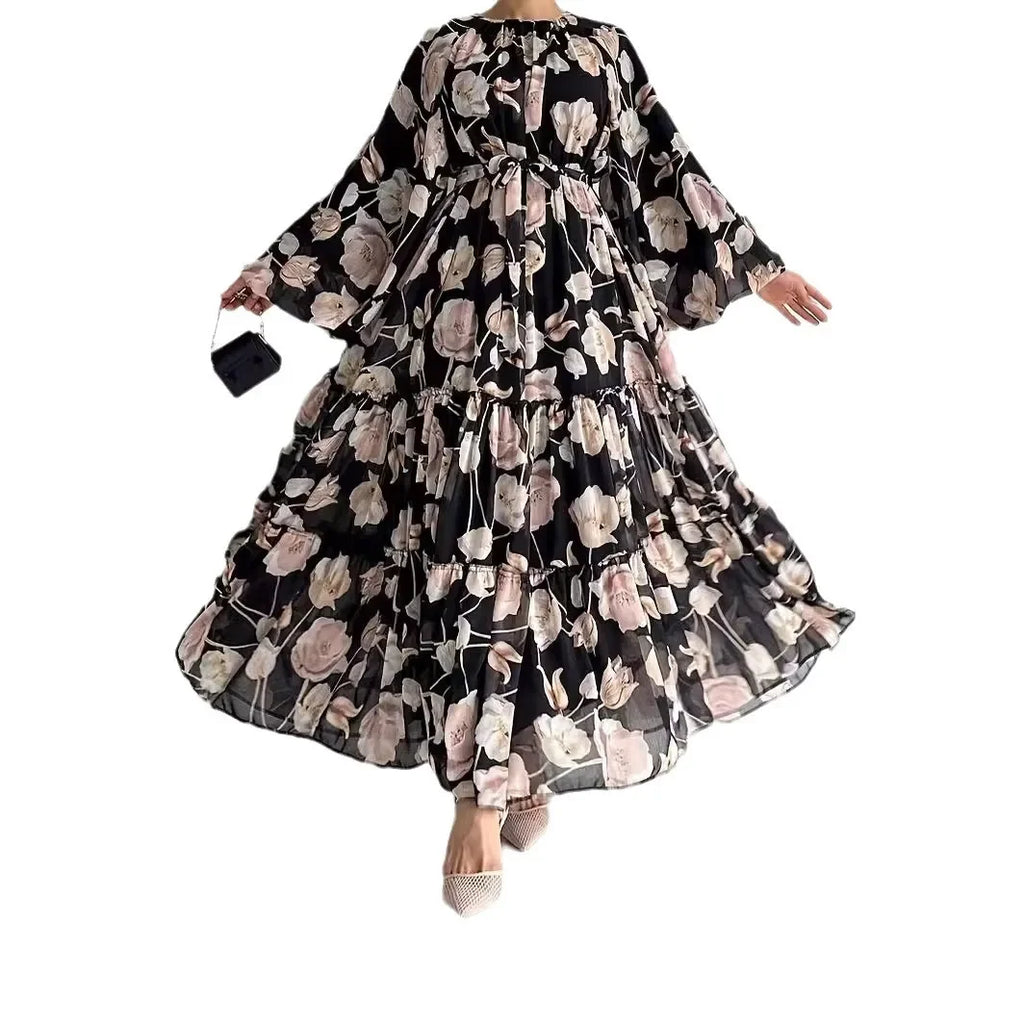 Muslim Women Dresses Flower Print Abaya Sashes Eid Ramadan Morocco Vestidos Dubai Jalabiya Kaftan Islam Arab Long Robe Abayas