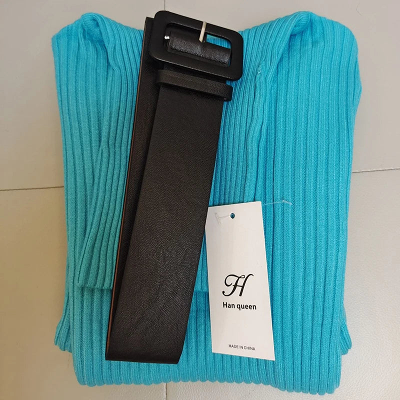 H Han Queen Knitted Turtleneck Sweater Bodycon Dress Bottoming Women Soft Elastic Autumn Winter Midi Party Dresses With Belt