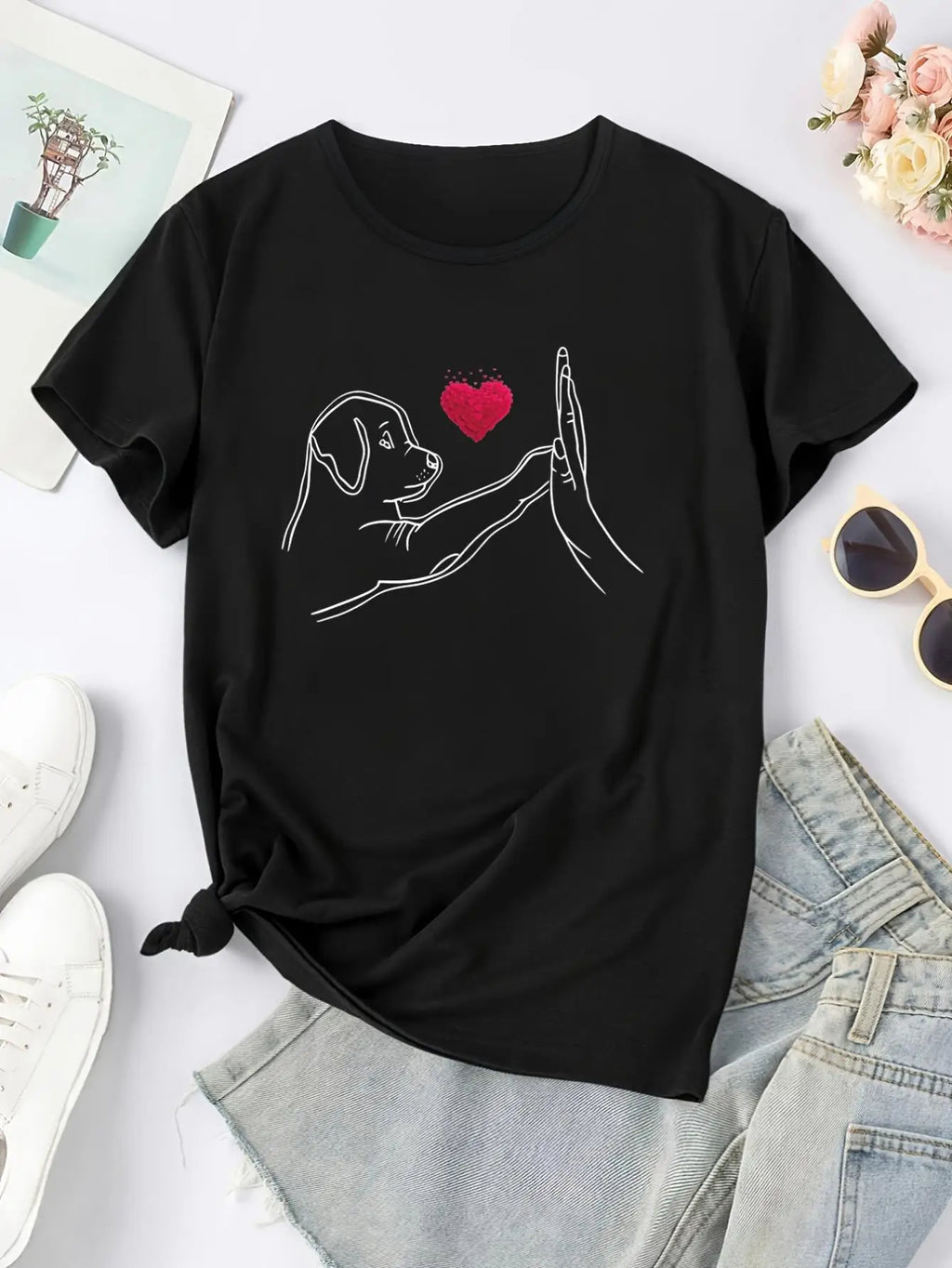 Dog Print Crew Neck T-Shirt, Casual Short Sleeve Top For Spring Summer, Women's Clothing Tee For Adult, Men, Women, Teen, Teenag