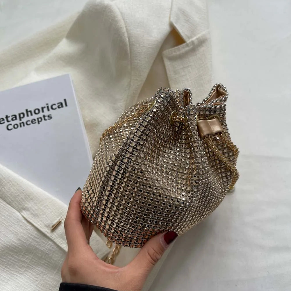 Women Rhinestone Shoulder Bag Summer Shiny Diamonds Chain Crossbody Messenger Bag Fashion Female Pearl Bucket Handbags Purse