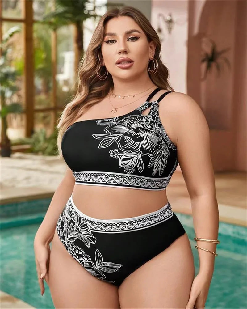 2025 Print One-shoulder Two Piece Plus Size Bikini Women High Waist Large Swimsuit Lady Chubby Swimwear Beach Curvy Bathing Suit