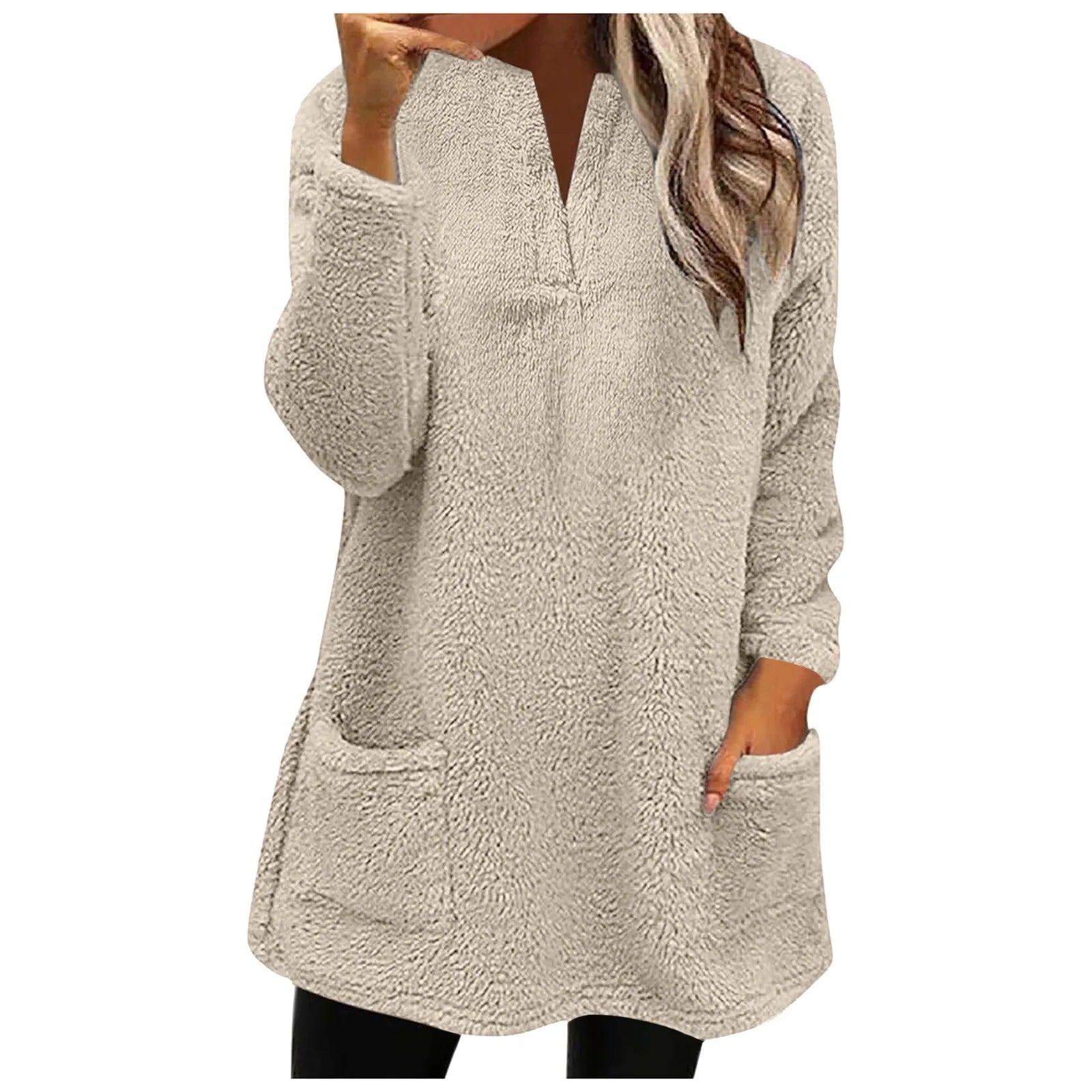 2024 New Women Long Sleeve Fleece Sweatshirts Double Pocket V Neck Pullover Tops Solid Color Plush Sweatshirt Female Outerwear