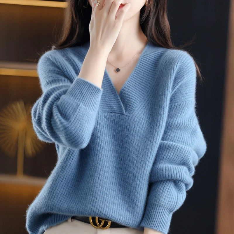 V-neck Basis Pullover Women's Solid Loose Knit Sweater Autumn Winter Jumpers Knitwear Soft Warm Chic Femme Sweater Casual Tops