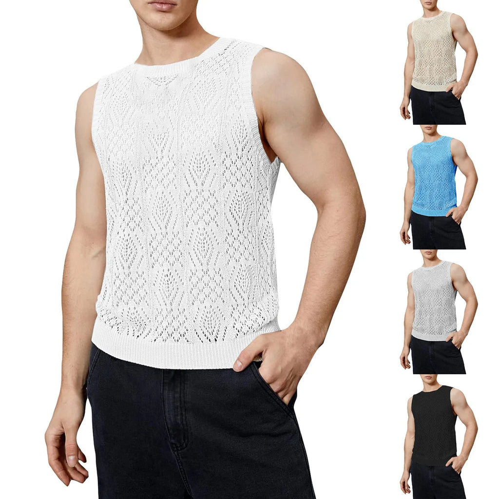 Beach Tops For Men Men'S Knitted Hollowed Out Vest Crew Neck Sleeveless Male Clothes With Designs Camiseta Sin Mangas Hombre