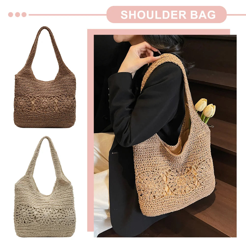 Large Straw Beach Bag Summer Shoulder Bag Handbag Hobo Bag Shoulder Purse for Women Travel Vacation