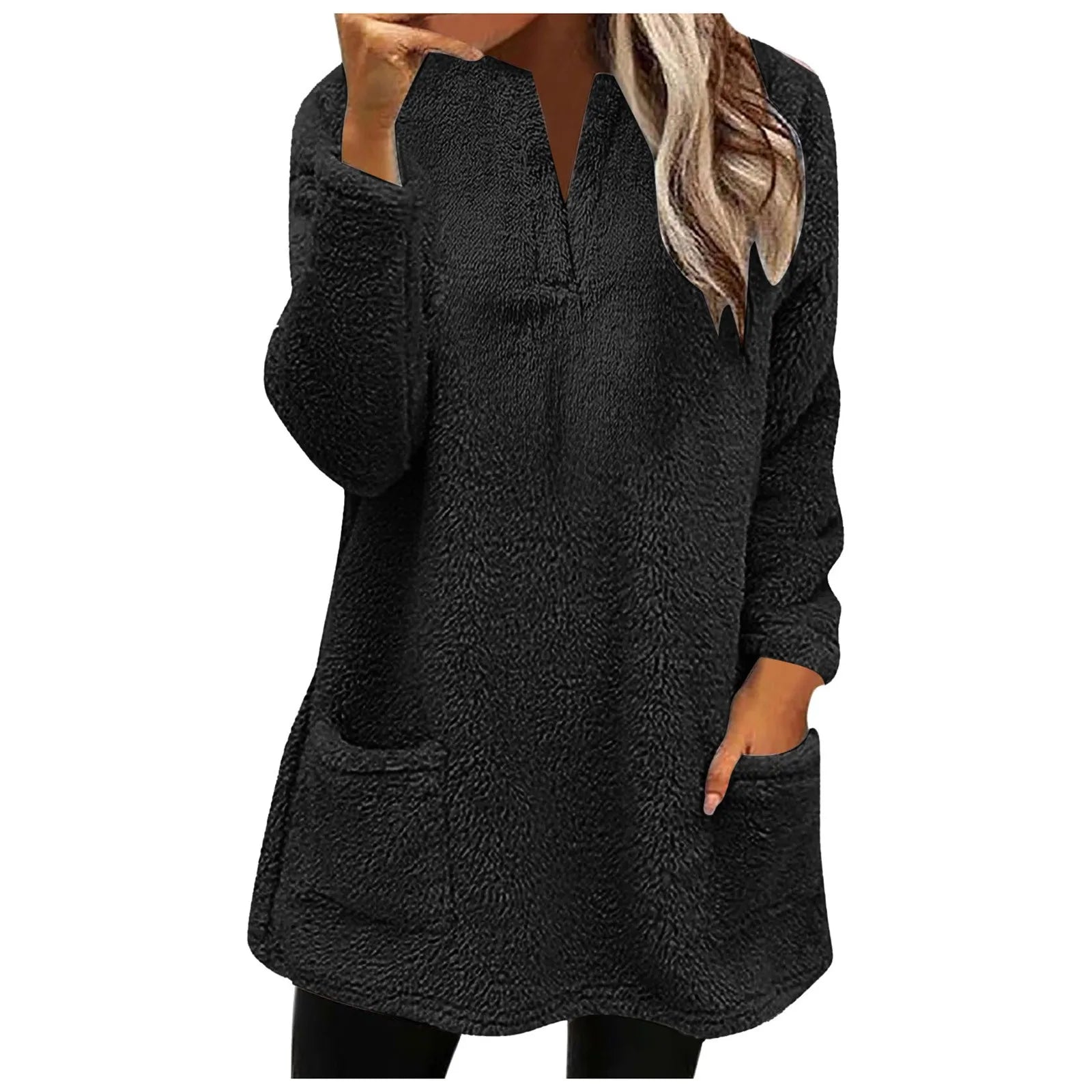 2024 New Women Long Sleeve Fleece Sweatshirts Double Pocket V Neck Pullover Tops Solid Color Plush Sweatshirt Female Outerwear