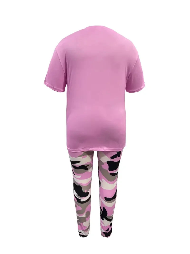 Plus Size Women's Casual Suit, Fashion Letter Print Camouflage Pants Two-Piece Set