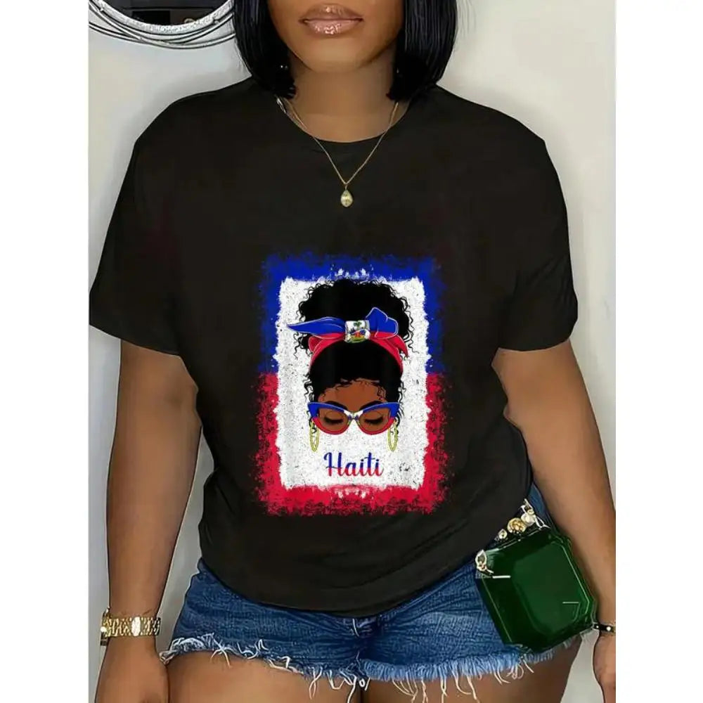 100% Cotton Messy Bun Haitian Haiti Flag Womens Woman Girl T-Shirt
