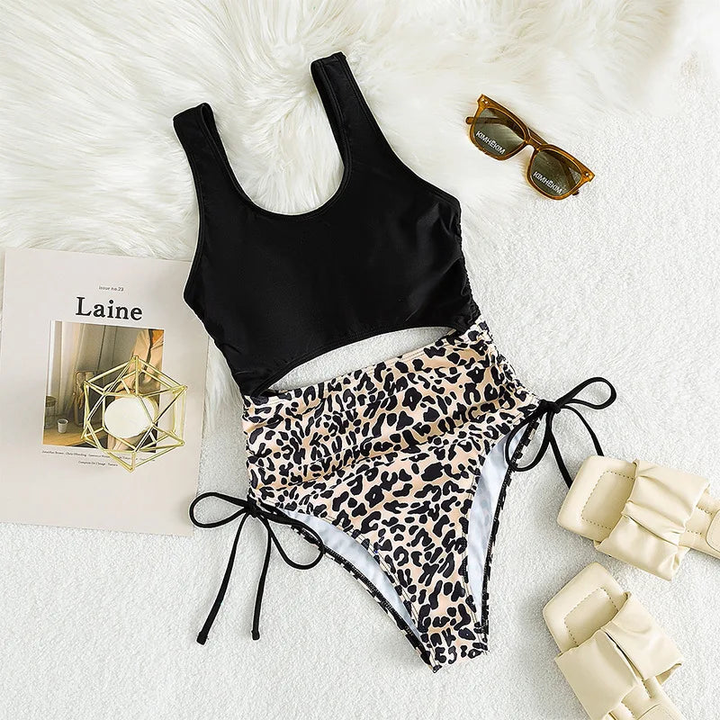 2024 Leopard Print Bikini High Waist One Piece Swimsuit for Women Sexy Hollow Out Swimwear Summer Beach Vacation Monokini New