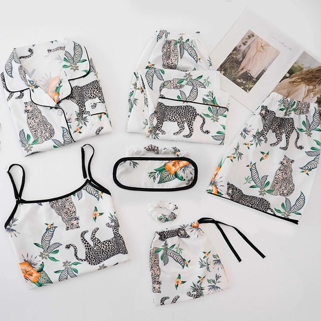 7pcs Women Pajamas Set Cotton Autumn Winter Homewear Suit Spring Summer Girls Sexy Pijama Tracksuit Elegant Female Loungewear