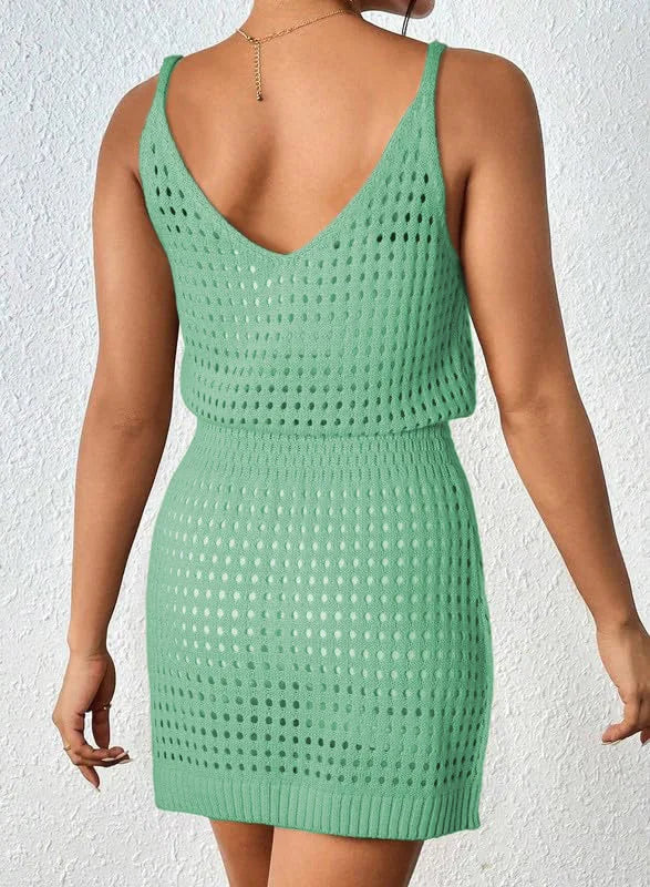 Summer Hollow Out Knitting Mini Spaghetti Strap Dresses Women Sexy V-neck Backless Vacation Beach Dress Casual Beachwear Vestido