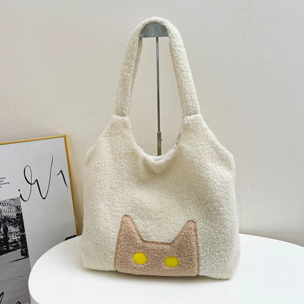 Women Lambs Wool Tote Handbag Large Capacity Plush Tote Bag Cute Cat Satchel Bag Fluffy Purse Shopping Dating Bag