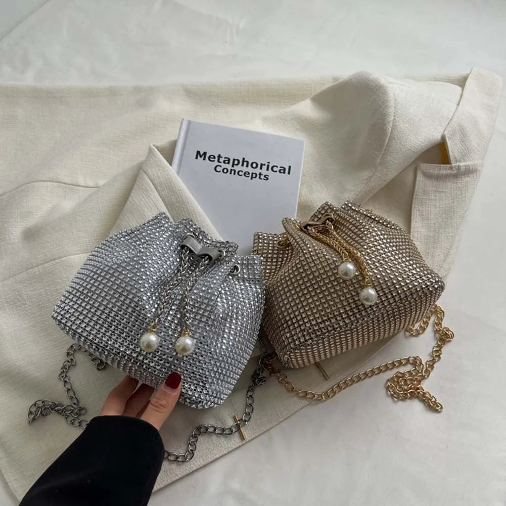 Women Rhinestone Shoulder Bag Summer Shiny Diamonds Chain Crossbody Messenger Bag Fashion Female Pearl Bucket Handbags Purse