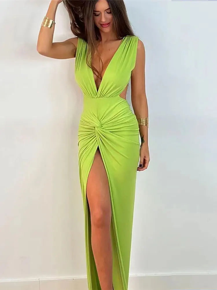 GACVGA Summer Fashion Ruched Long Dress Sexy Backless V Neck Hight Slit Women Bodycon Party Maxi Dress