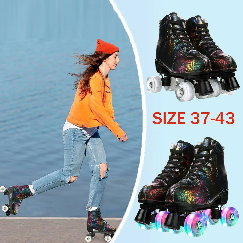 Unisex Roller Skates PU Leather Roller Skates Skating Shoes Zebra Printed Roller Skates Quad Skates Sneakers Flash Wheel Shoes