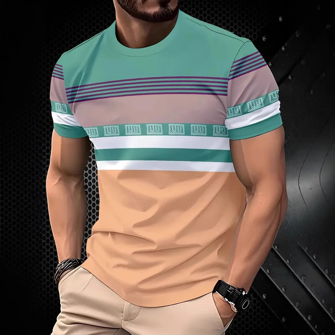 3D Print Lattice Stripes T Shirt For Men Color Block Pattern Short-Sleeved Tees Harajuku Streetwear Tops O-Neck T-Shirt Clothes
