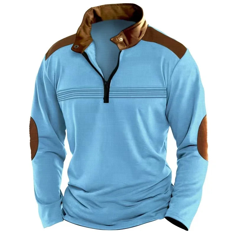 2025 Cross-border men's patchwork pullover zipper solid color POLO shirt zipper long-sleeved sports polo shirt crazy street casu