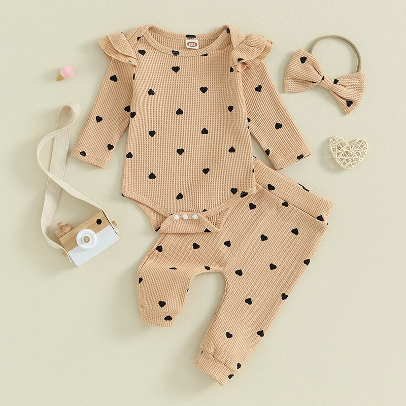 2023-09-12 Lioraitiin Infant Baby Girl Clothes Set Waffle Knit Heart Long Sleeve Romper Pants Headband Suit Outfits Fall Clothes