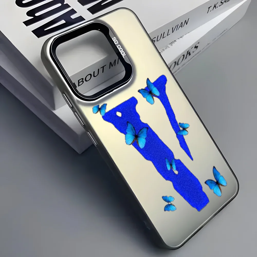 Luxury V-Vlone V Letter Phone Case For iPhone 16 15 14 13 12 11 Pro Max Grey Black Matte Laser Metallic Aurora Funda