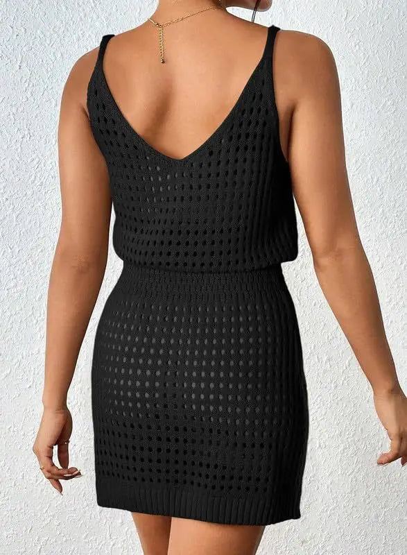 Summer Hollow Out Knitting Mini Spaghetti Strap Dresses Women Sexy V-neck Backless Vacation Beach Dress Casual Beachwear Vestido