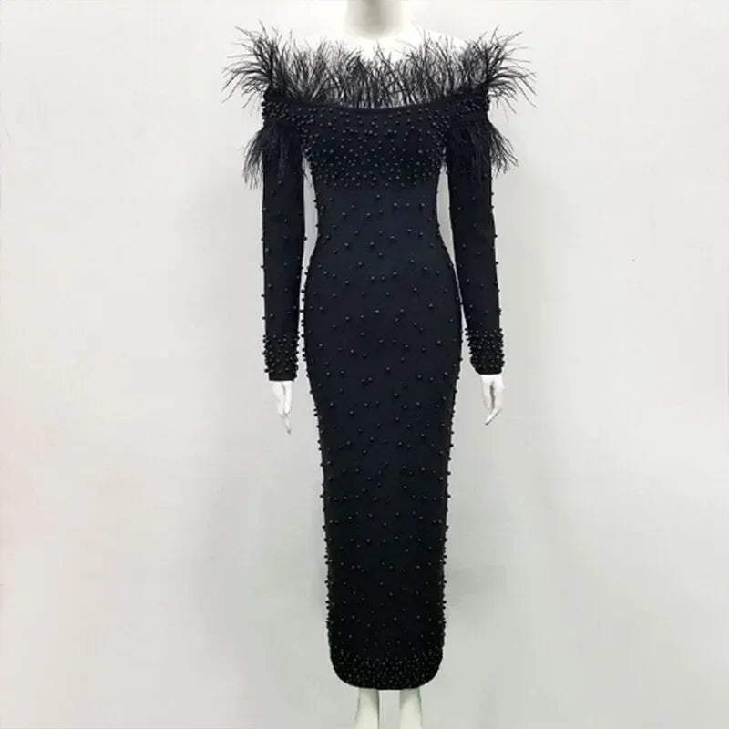 2024 New Evening Sexly Fashion Women Long Dress Cocktail Party Elegant Slim Fit Feather Ankle-Length Dress Hip Wrapped Dresses