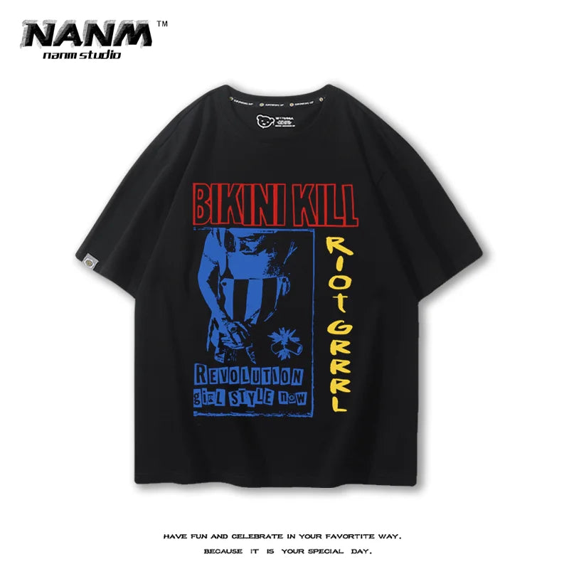 Bikini Kill  American style hip-hop rock sports music street fitness summer loose men's T-shirt top Women's T-shirt couple style
